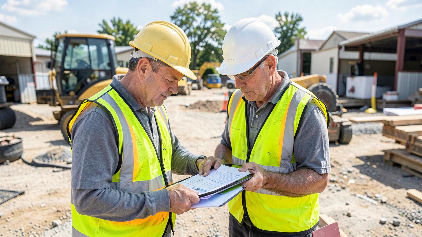 Two tradespeople reviewing plans at a job site