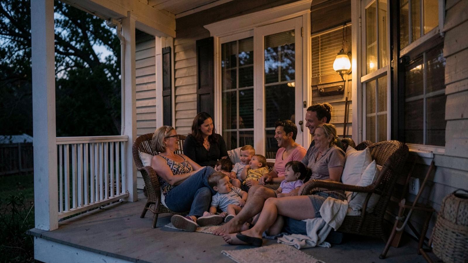 Family together on a Southern front porch in the evening