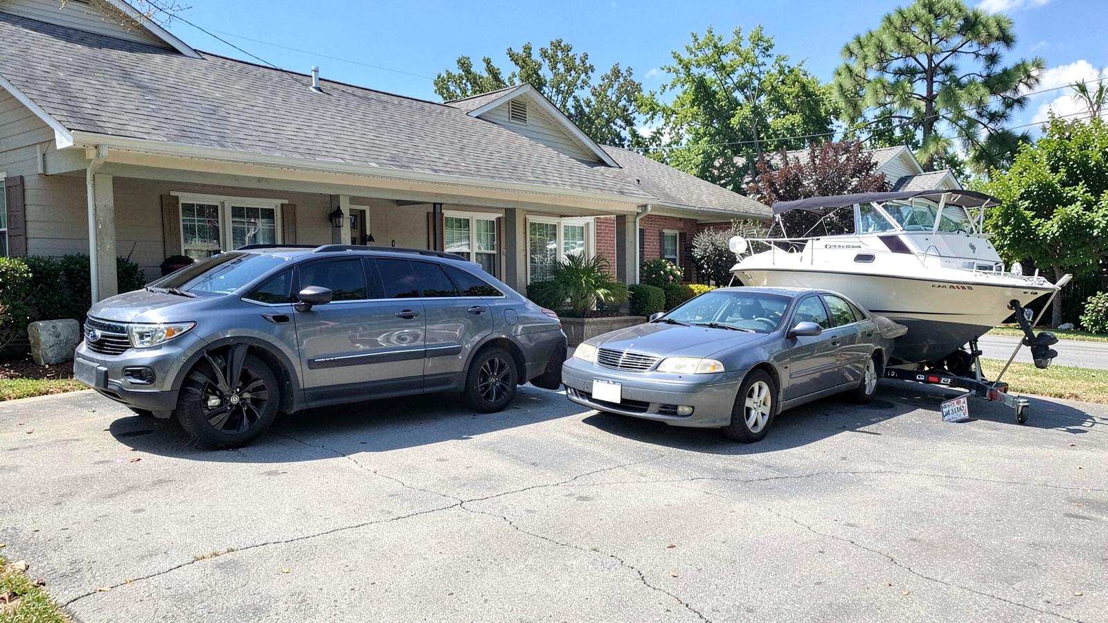 Family SUV, sedan, and boat on a trailer parked in a driveway